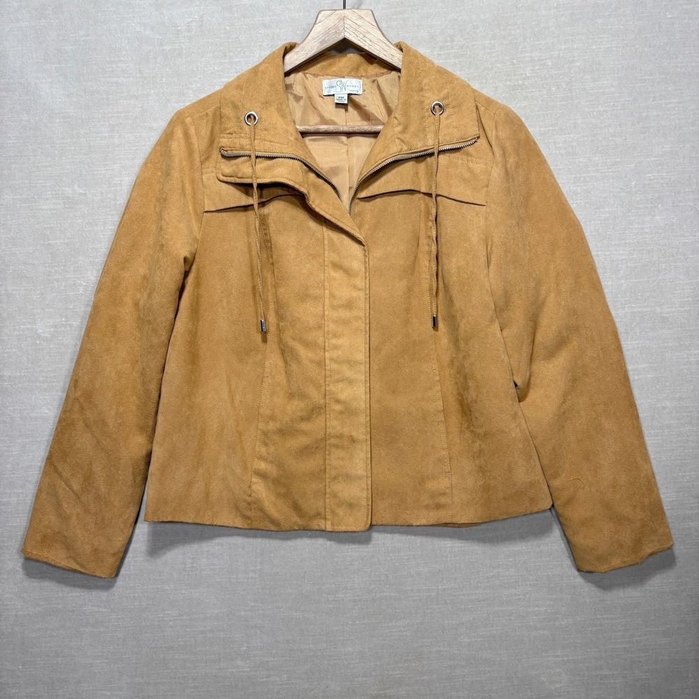 Studio Works Jacket Womens PM Petite Tan Faux Suede Zip Front Drawstring